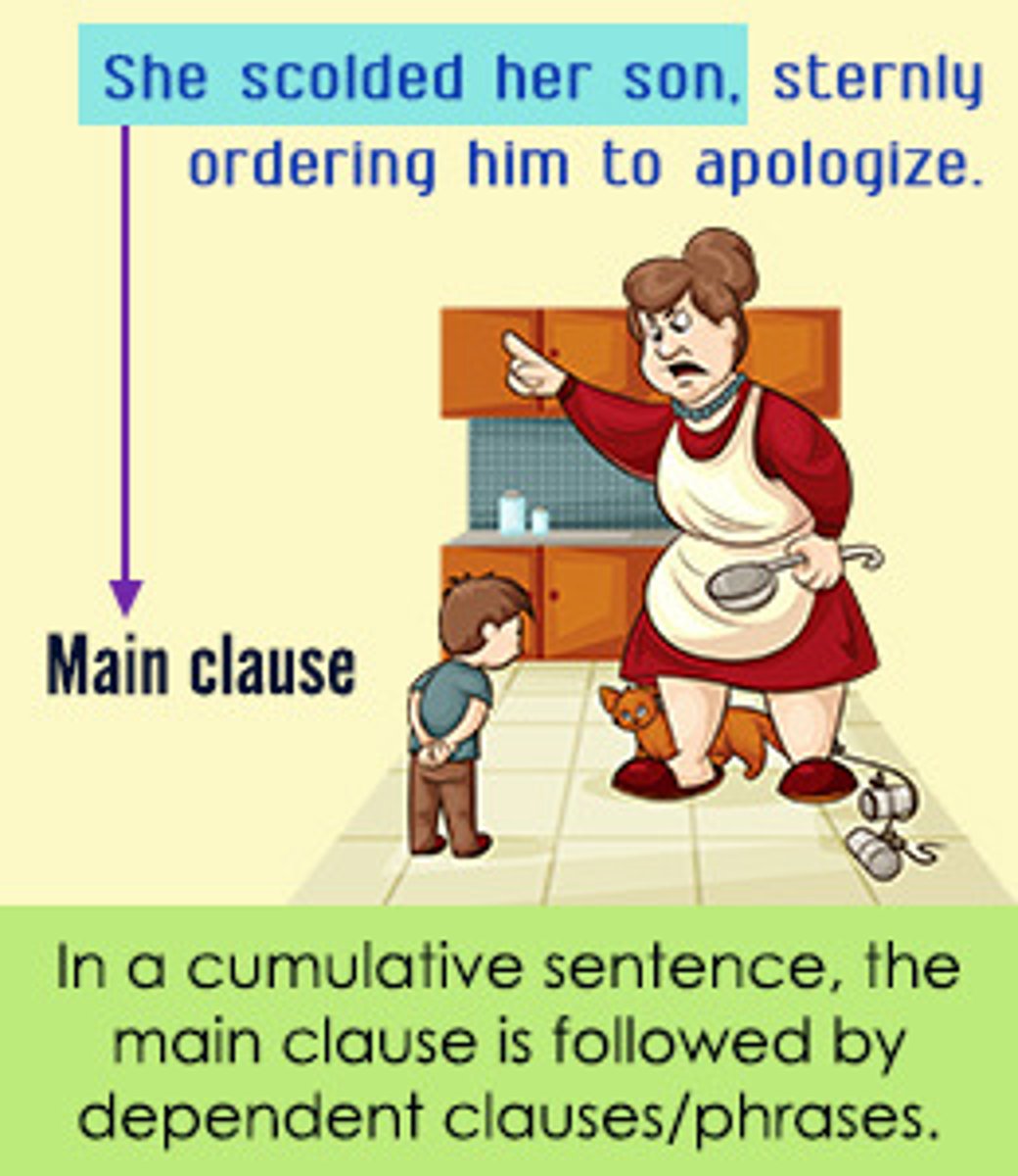 <p>Sentence that completes the main idea at the beginning of the sentence and then builds and adds on. Ex: “<strong>He doubted whether he could ever again appear before an audience</strong>, his confidence broken, his limbs shaking, his collar wet with perspiration.” </p>