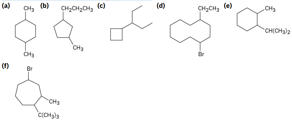 <p>Give IUPAC names for the following cycloalkanes:</p>