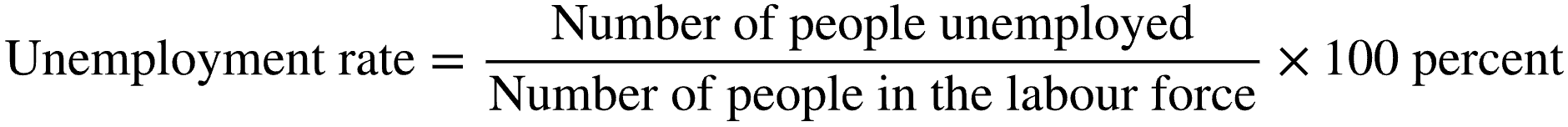 <p>Unemployment Rate = Number of People Unemployed / Number of People in the Labour Force X 100</p>