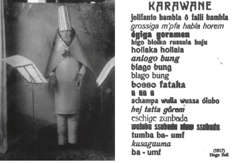 <p>stroming: DADA</p><p>Periode: begin 20ste eeuw</p><p>waar: Zurich</p><p>Maker: Hugo Ball</p><p>definitie:fungeerde als podium voor poëtische experimenten, happenings en anarchistische optredens, waar de Dada-idealen tot leven kwamen.</p><p>voorbeeld: Karawane -Hugo Ball</p>