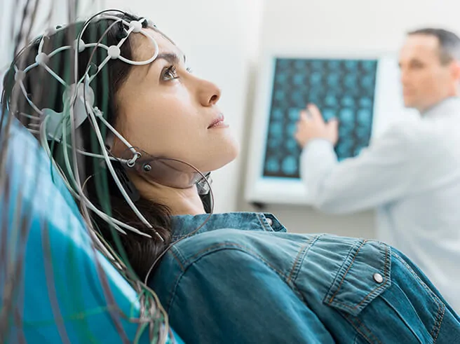 <p><strong>Electroencephalogram</strong></p><p>Uses electrodes that attach to the scalp to measure electrical activity in the brain, which is shown as wavy lines on a graph recording</p><ul><li><p>Finds changes in brain activity that may help diagnose brain conditions</p></li><li><p>Better for kids to use because they can move during this imaging process</p></li><li><p>Shows the FUNCTION of the brain</p></li></ul><p></p>