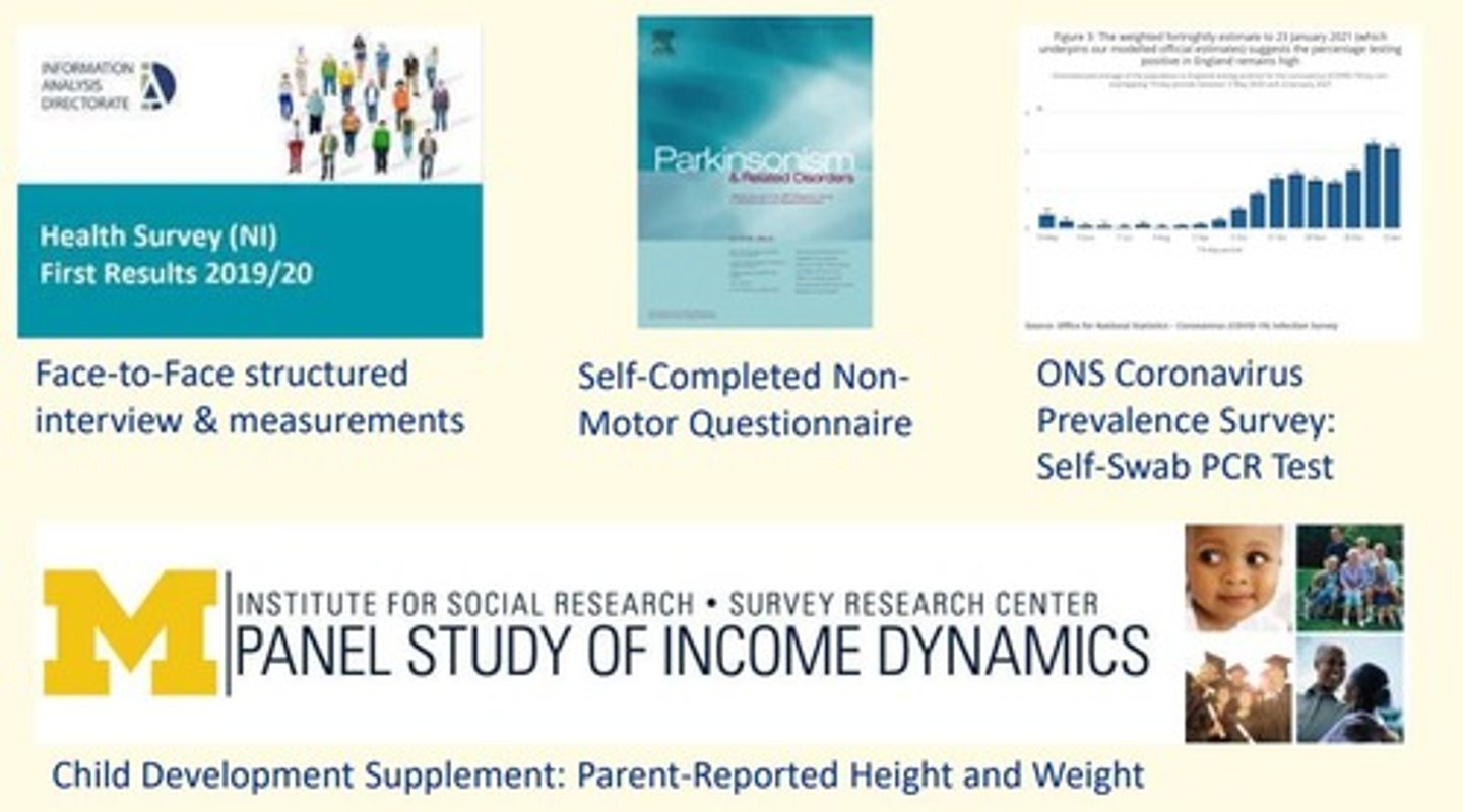 <p>1) Face-to-face structured interview &amp; measurements</p><p>2) Self-completed non-motor questionnaire for Parkinsonism</p><p>3) ONS Coronavirus Prevalence Survey: self-swab PCR</p><p>4) Child Development Supplement: parent-reported weight/height</p>