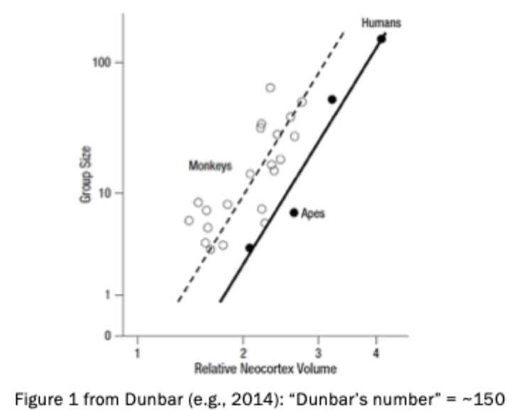 <p>apes and monkeys, group size plotted against size of neocortex volume </p><p></p>