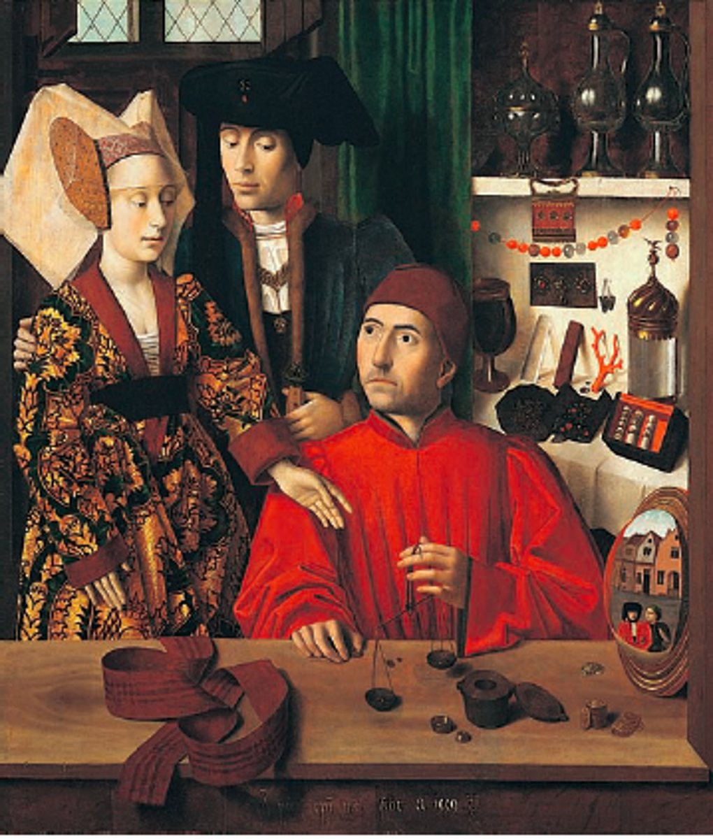 <p>Most scholars now believe that A Goldsmith in His Shop by Petrus Christus, was a vocational painting and that was likely not made for a married couple but rather a goldsmiths' guild in Bruges. Which of statement or statements supports this?</p>