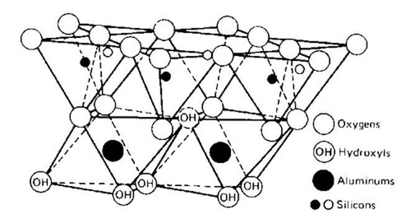 <p>One layer of aluminum octahedral sheet sandwiched between two silica tetrahedral sheets.</p>