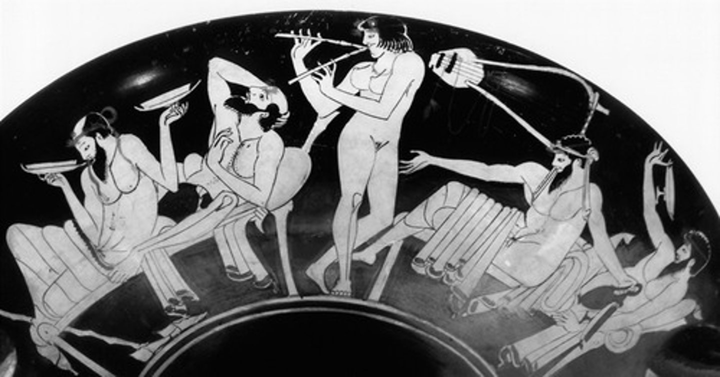 <p>- Hetaerai = prostitutes</p><p>- Seen on many symposium vases for male enjoyment; men find these financial transactions exciting because its their only sexual interactions until age 30</p><p>- Depict the narrative that women love sex and enjoy it more than men</p><p>- Hetaerai are educated &amp; skilled (musically); have more autonomy than other Athenian women can be financially independent</p>