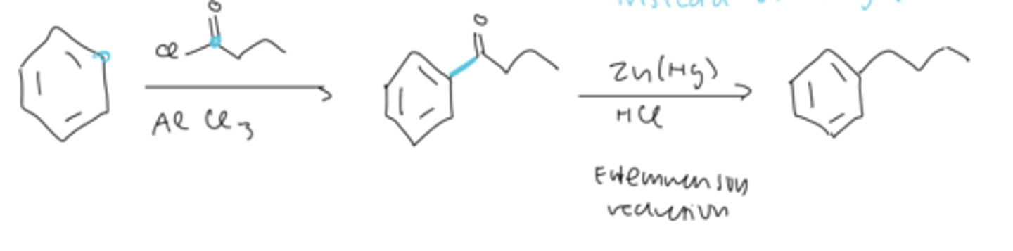 <p>an alternative to alkylation using FC acylation</p><p>- after acylation to form ketone, treat with Zn(Hg) and HCl to form the alkane substituent on benzene</p>