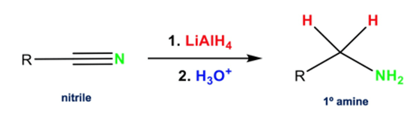 <p>Reduction - LiAlH₄ in ether, dilute H₂SO₄</p><p>OR</p><p>Hydrogenation - H₂, Ni catalyst</p>
