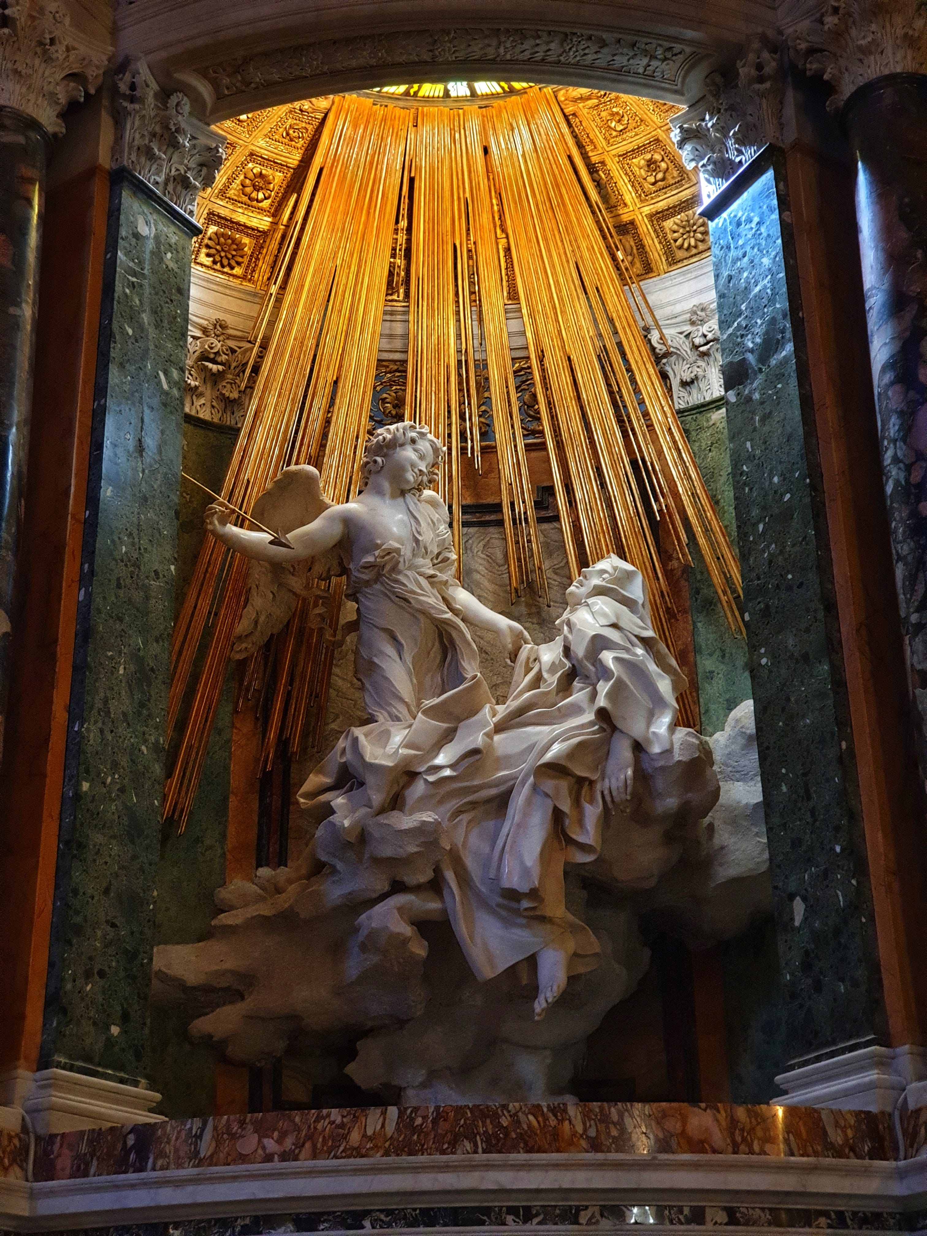 <p>Ecstasy of Saint Teresa. Rome, Italy. Gian Lorenzo Bernini. c. 1647-1652 CE. Marble, stucco, gilt, bronze. </p>