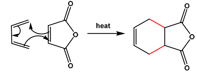 concerted reaction: happens in one single step. building 2 sigma bonds, breaking 3 pi bonds, and building one pi bond happens simultaneously 