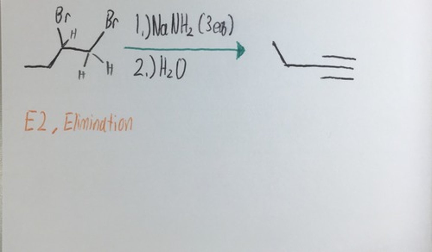 <p>Alkane to Alkyne</p><p>Double elimination (E2 * 2)</p>