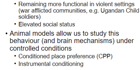 <ul><li><p>some individuals exhibit ‘appetitive’ aggression, motivated by intrinsic reward</p></li><li><p>thought to be an adaptation to violent environments</p></li></ul>