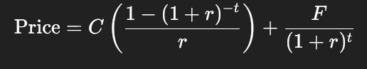 <p>You know:</p><ul><li><p>Price</p></li><li><p>Coupon</p></li><li><p>Face value</p></li><li><p>Maturity</p></li></ul><p>You solve for the unknown <strong>r</strong> in: Price (bond value) = C( 1 - (1 + r)^-t / r) + F/ (1 + r)^t</p><p><strong>You cannot isolate r algebraically.</strong></p><p><strong>Method:</strong><br>Try different r until both sides match (like solving annuity interest rates).</p>