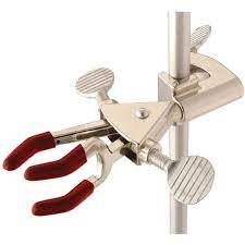 <p>Appearance - attached to a medal rod or the ring stand</p><p>Uses -  used to fasten or support apparatus such as a beaker, and flasks, etc.</p><ul><li><p>Two/Three - Prong Extension Clamps, Fixed-Position Clamps, Closed-Yoke Clamps, Fixed-Position Clamps</p></li></ul>