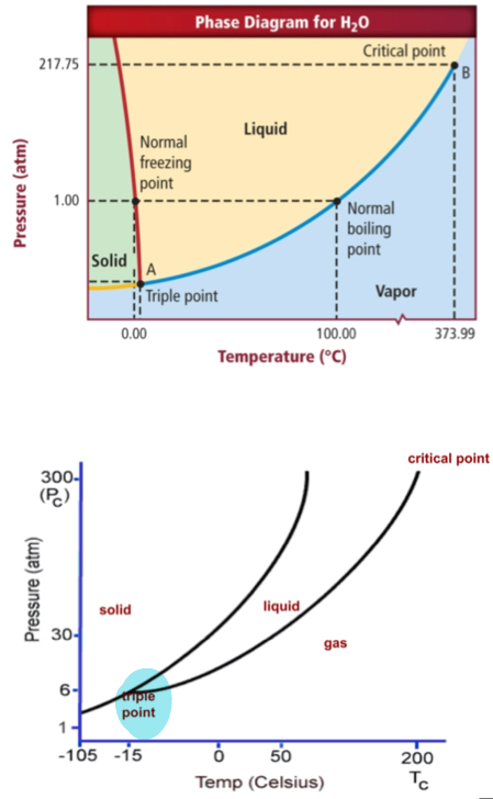 <p>Temp(Cº) + Pressure(atm). Triple Point: water can be all three.&nbsp;Left(solid)/Middle(liquid)/right(gas).</p>