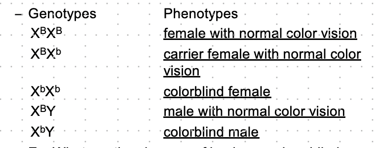 <p>-as males only have one X chromosome, recessive traits are more common in men</p><p>- ex. colourblindness is x-linked</p><ul><li><p>the X chromosome has genes for normal colour vision, so XB= normal vision and Xb= colourblindness</p></li></ul>