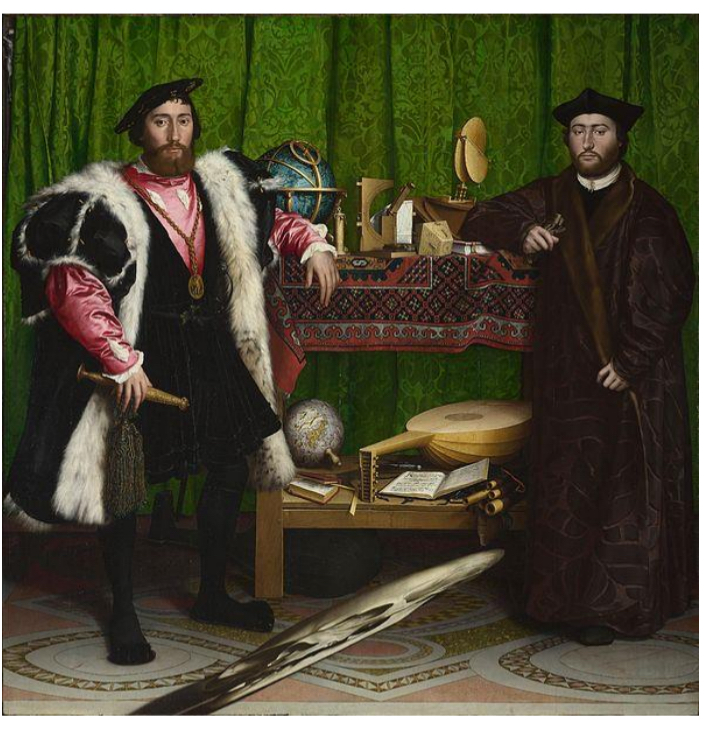 <ul><li><p>a distorted projection or perspective requiring the viewer to use special devices or occupy a specific vantage point to reconstitute the image.</p></li><li><p>Ex. The skull on the floor</p></li></ul><p></p>