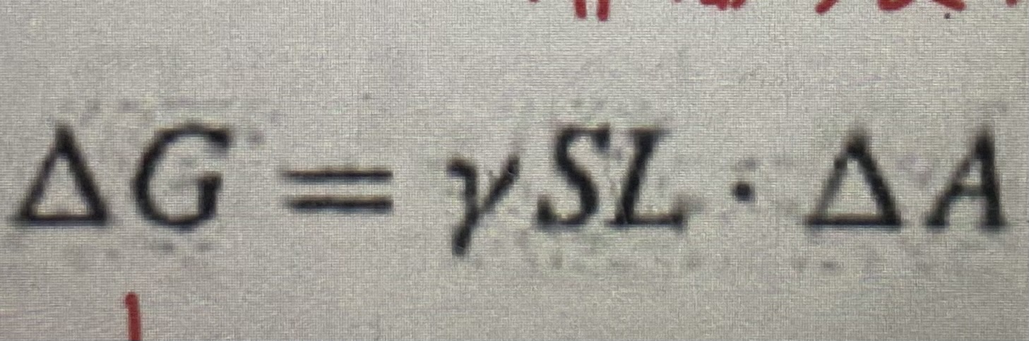 <p><mark data-color="blue" style="background-color: blue; color: inherit;">介面張力*表面積=表面自由能</mark></p><p>Delta G：增加之自由能</p><p>Delta A：增加之表面積</p><p>rsl:液體媒液和固態粒子間的介面張力</p>