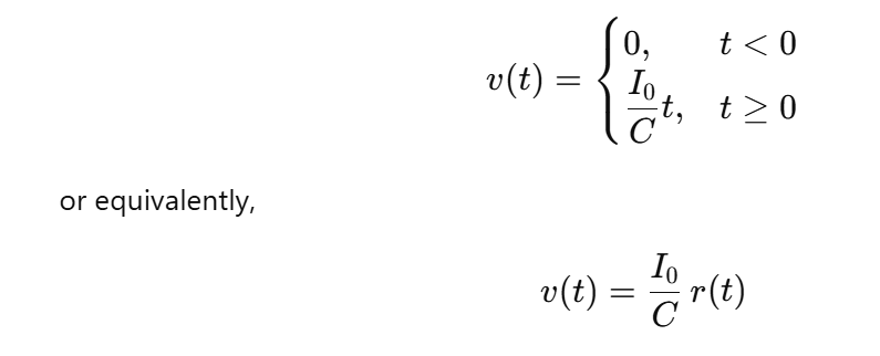 <p>If a step current I0u(t) is applied to a capacitor, the resulting voltage is a ramp function.</p>