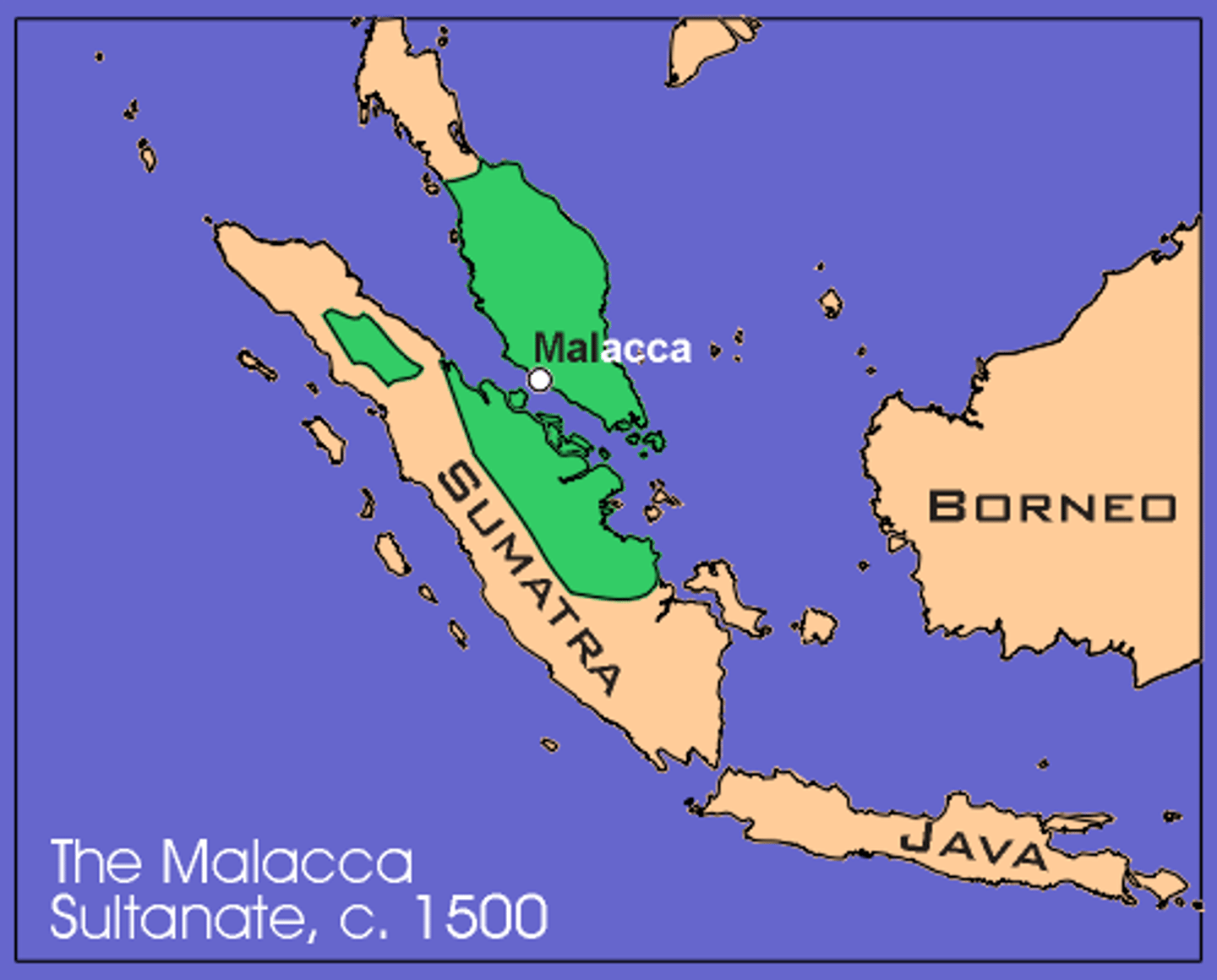 <p>Islamic sultanate in modern day Indonesia/Malay Peninsula from c. 1403-1511. Would have controlled the Strait of Malacca and practiced state-building through its taxation.</p>