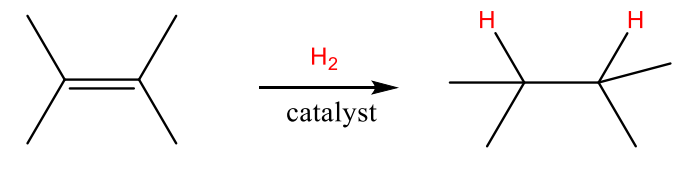 <ul><li><p>• Hydrogen can be added catalytically over an alkene in the presence of a catalyst (typically Pd or Pt) </p></li><li><p>Produces only the cis product </p></li><li><p>Reduction reaction: Addition of hydrogen (or removal of oxygen) from a molecule</p></li></ul><p></p>