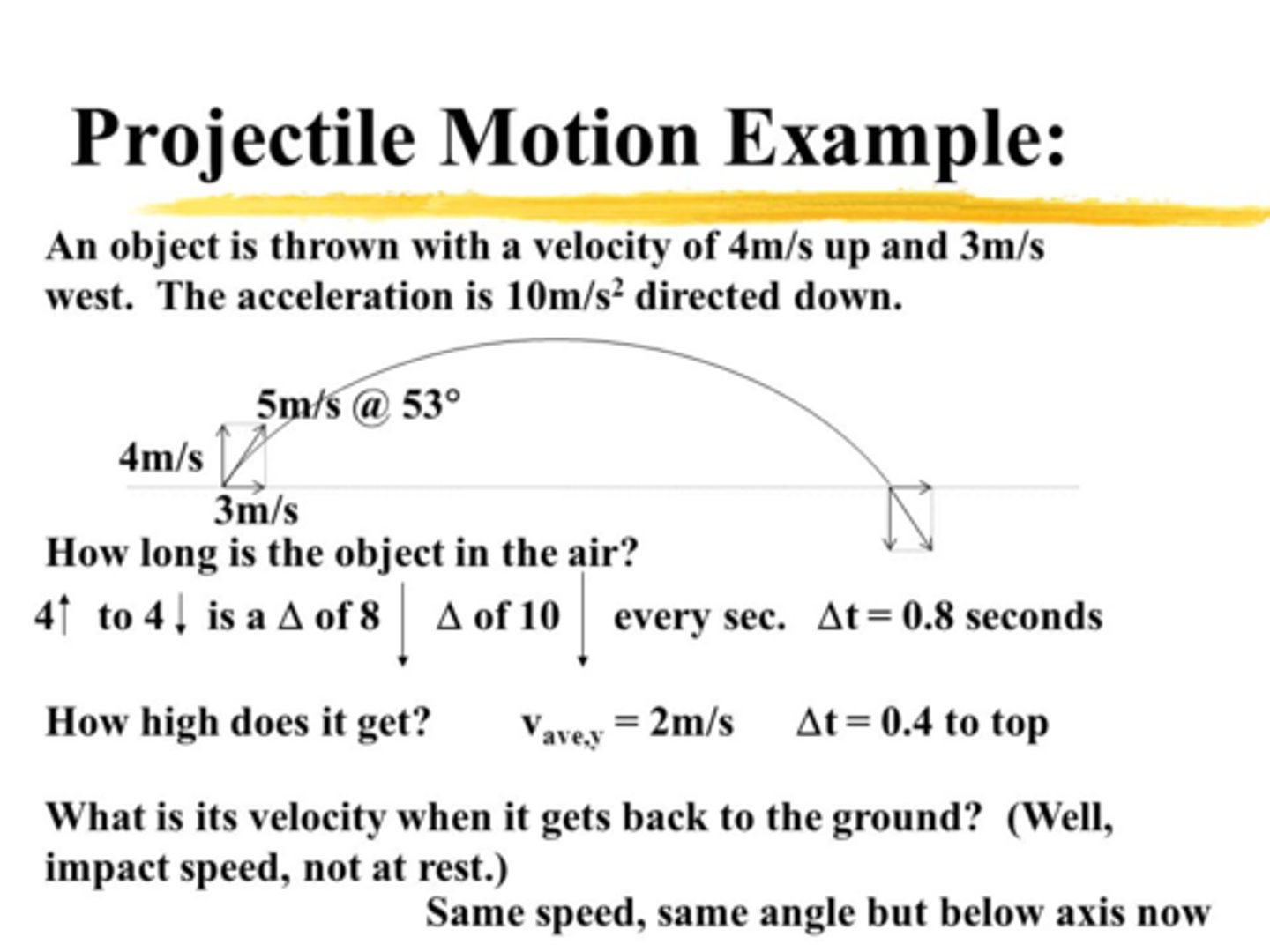 <p>is a motion that follows a path along two dimensions. (the velocities and accelerations in the two directions [usually horizontal and vertical] are independent of each other and must, accordingly, be analyzed separately. Contains both an x- and y-component. Assuming negligible air resistance, the only force acting on the object is gravity. On the MCAT you will be able to assume that the horizontal velocity vx will be constant.</p>