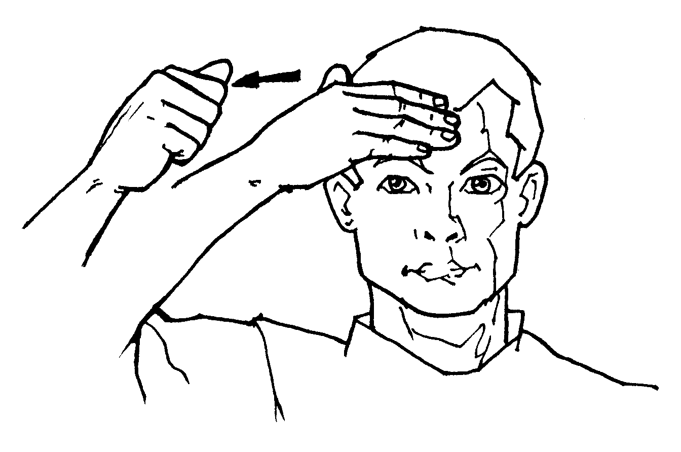 <p><span style="font-size: medium">hold your hand in front of your forehead (or go ahead and put your fingers on your forehead) and then pull your hand sideways across the front of your head as you change&nbsp;the handshape from a loose flat hand into an "A" handshape or a "loose"&nbsp; "A" handshape (with the thumb sticking out).</span></p>
