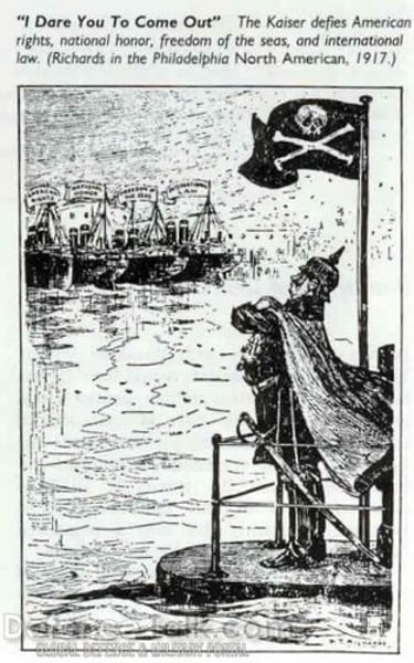 <p>1916 - Germany promises to the U.S. to give warning to unarmed ships after the loss of Early in 1916, Germany had instituted a policy of unrestricted submarine warfare, allowing armed merchant ships - but not passenger ships - to be torpedoed without warning. Despite this avowed restriction, a French cross-channel passenger ferry, the Sussex, was torpedoed without warning on March 24, 1916; the ship was severely damaged and about 50 lives were lost.</p>