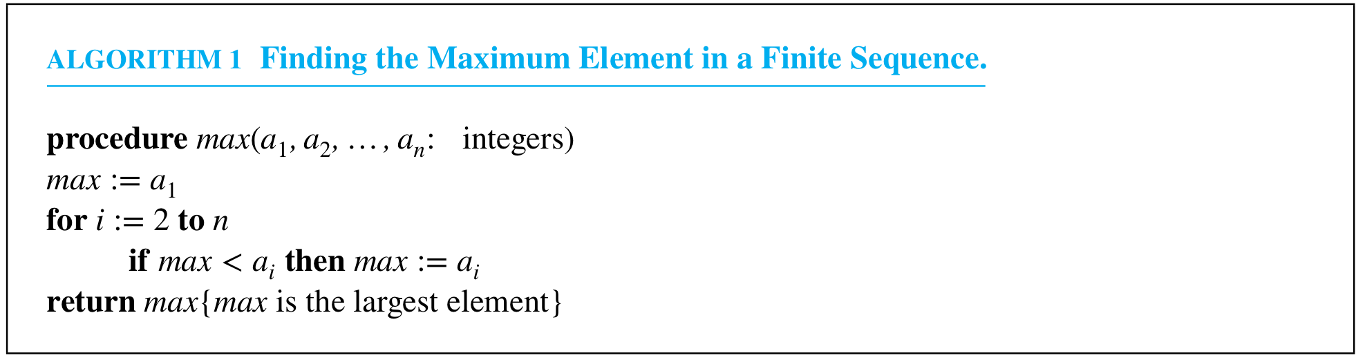 <p>List all the steps used by Algorithm 1 to find the maximum of the list 1, 8, 12, 9, 11, 2, 14, 5, 10, 4</p>