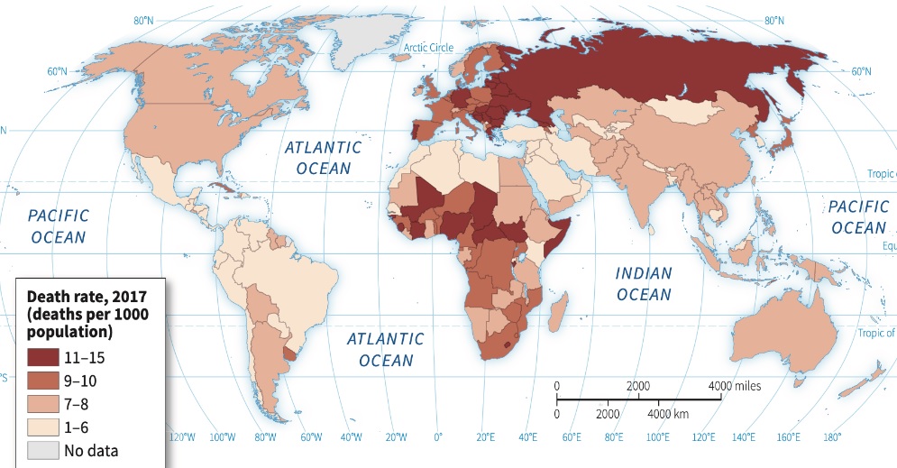 <p>Measure of deaths within a specific population, usually expressed as the number of deaths per 1,000 people per year</p><ul><li><p><strong>NO </strong>direct connection with development!!</p></li></ul><p></p>