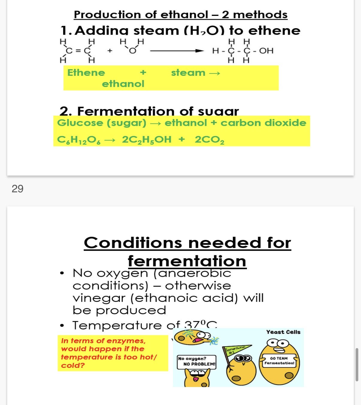<p>1.What is the formula for adding steam to ethene?</p><p>2.What is the formula for fermentation of sugar?</p><p>3.what is a biofuel?</p><p>4.Explain the steps of fermentation?</p><p>5.Why is the fermentation of glucose considered carbon neutral?</p><p>6.Why is no oxygen necessary for the fermentation of glucose?</p>