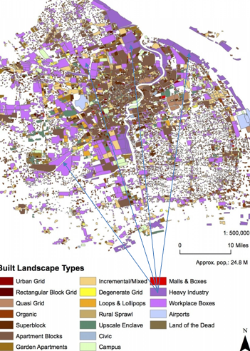 <ul><li><p>Massive industrial presence</p></li><li><p>Large dense core</p></li><li><p>Little impact from cars, yet…</p></li></ul><p></p>