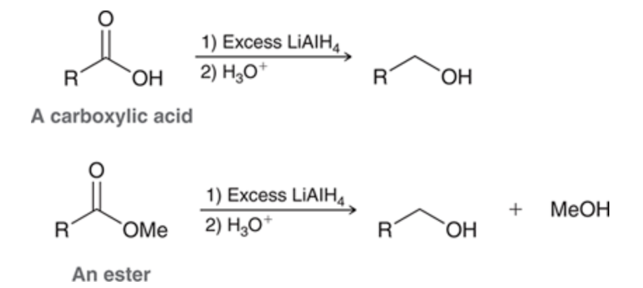 <p>LAH can reduce a carboxylic acid or an ester to produce an alcohol due to it being more reactive than NaBH4</p>