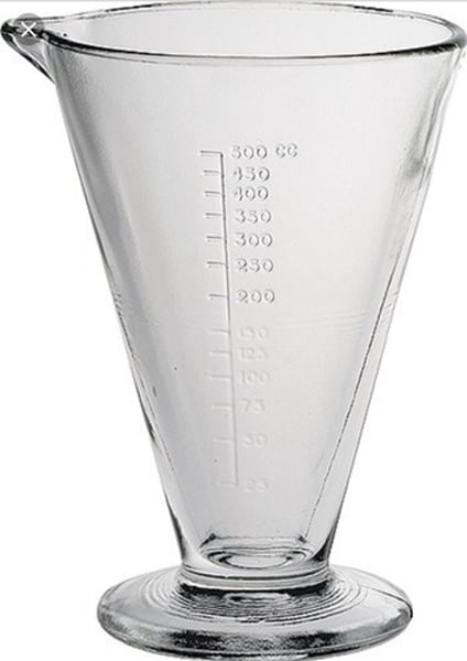 <p>a container that resembles a cone that has graduated markings for measuring liquids.</p>
