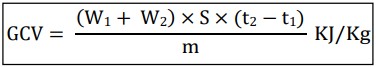 <p>W<sub>1</sub> = mass of water in the calorimeter (kg)</p><p>W<sub>2</sub>= water equivalent of the calorimeter (kg)</p><p>S = specific heat of water (J kg<sup>-1</sup> <sup>o</sup>C<sup>-1</sup> )</p><p>t<sub>2</sub>-t<sub>1</sub> = rise in temperature (<sup>o</sup>C )</p><p>m = mass of the fuel (kg)</p>