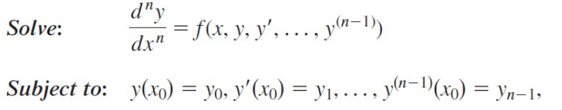 <p>“on some interval I<em> </em>containing x<sub>0</sub> the problem of solving an nth order differential equation subject to n side conditions specified at x<sub>0</sub>”</p><p>Steps:</p><p>1) Plug in 1st Initial Condition (IC) </p><p>2) Plug in 1st parameter </p><p>3) Differentiate </p><p>4) Plug in 2nd IC <br>5) Plug in 2nd parameter</p>