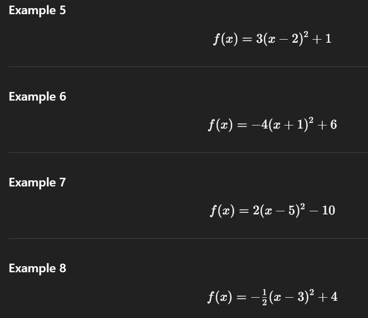 <p>Write doewn the vertex and range and domain (such that it has an inverse<br>If you are asked to find range or domain of any quadratic equation convert it into completed square form <br>And then remember the rule <br>y=a(x−h)2+k<br>Step 2: Check the sign of a</p><ul><li><p>If a&gt;0 → parabola opens <strong>upwards</strong> → <strong>minimum value</strong> is k</p></li><li><p>If a&lt;0 → parabola opens <strong>downwards</strong> → <strong>maximum value</strong> is k</p></li></ul><p></p>