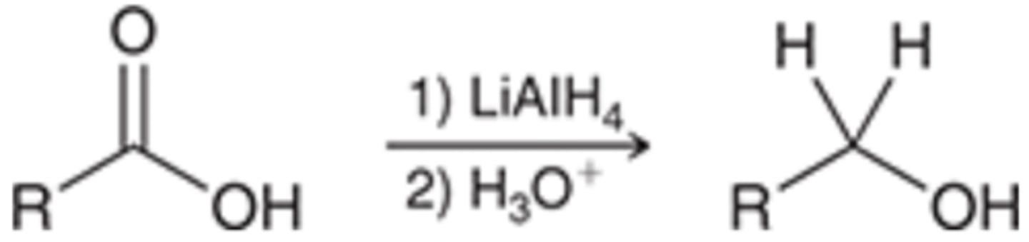 <p>Starting Material: Carboxylic Acid</p><p>Carboxylic Acid → Reduced to Alcohol</p><p>Reagents: 1) LAH / 2) H30+</p>