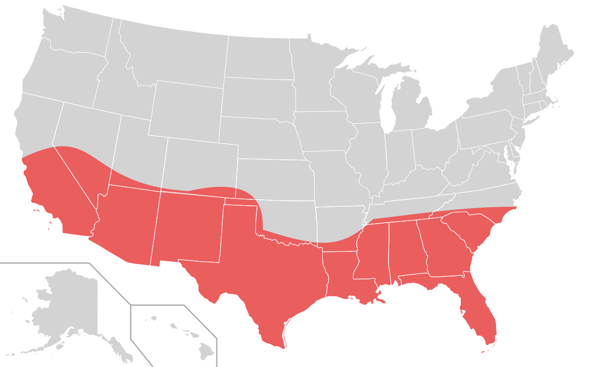 <p>States in coastal areas and the South and Southwest.</p>
