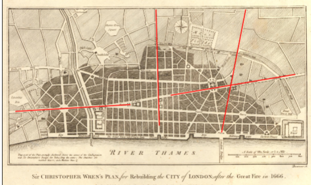 <p>Architect: <span>Christopher Wren</span></p><p>Name: <span>plan for the rebuilding of London</span></p><p>Location: </p><p>Year: <span>1667</span></p>