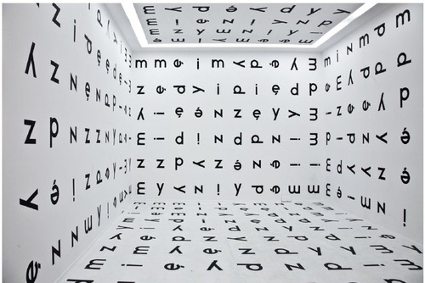 <p>- przestrzeń zunifikowana, jeden pokój, klasyczny white cube</p><p>- znajdujemy się pomiędzy kartkami papieru</p><p>- słowo "między" nigdy nie jest ułożone z liter</p>