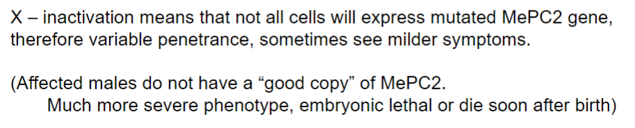 <ul><li><p>X-linked disease</p></li><li><p>progressive neurodevelopmental disorder almost exclusively affecting females leading to profound disabilities (autism-spectrum disorder)</p></li><li><p>caused by a mutation in the gene MeCP2</p></li></ul>
