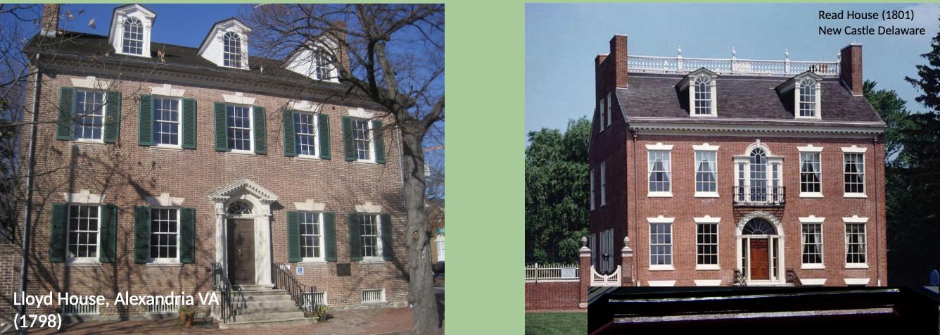 <p><span>Semi elliptical fanlight over paneled door</span><br><span>Double hung 6/6 windows</span><br><span>Cornice with dentals, dormers, balustrades all typical</span><br><span>Shutters, balconies, and iron handrails</span><br><span>Cupolas</span><br><span>Palladian Windows</span><br><span>Some architects argue Federal style is an embellished version of Georgian</span><br><span>SWAGS!!</span></p>