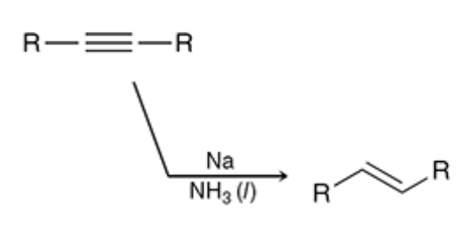 <p>Converts internal alkynes to trans alkenes</p><p>Na creates a radical anion intermediate then the ammonia donates a proton creating the trans alkene</p>