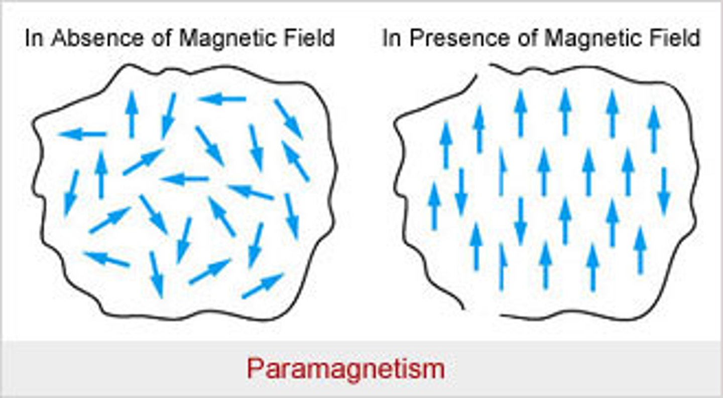 <p>(C) Paramagnetic</p><p>Paramagnetic substances will be pulled into an external magnetic field. Paramagnetic substances have one or more unpaired electrons.</p>