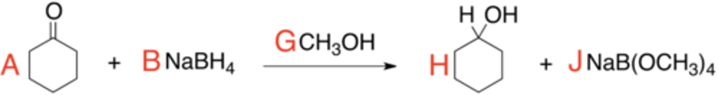 <p>Based on the stoichiometric reaction equation for the reduction of cyclohexanone pictured above, balance the equation by matching the red letters A, B, G, H, and J.</p>
