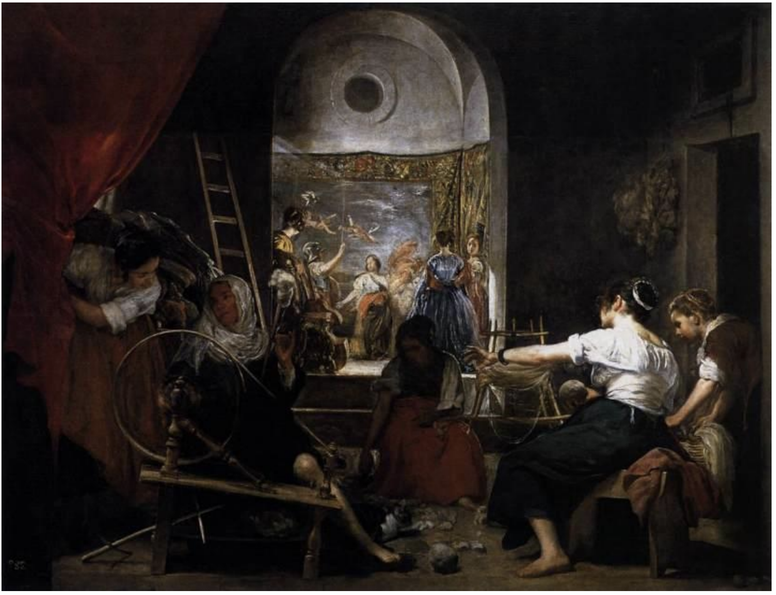<ul><li><p><strong>Key Features</strong>:</p><ul><li><p>Depicts the myth of Arachne, a weaver transformed into a spider by the goddess Athena.</p></li><li><p>Velázquez’s use of intricate detail and textures is notable, especially in the depiction of the weaving process.</p></li></ul></li></ul><p><strong>Memorable Fact</strong>: This work blends mythological storytelling with Velázquez’s exceptional skill in realism.<br></p>