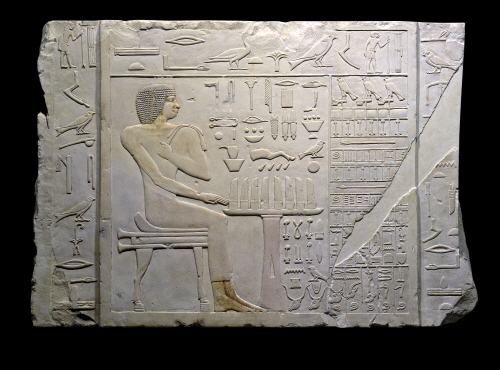 <p>limestone relief slab from the tomb of Rehotep, from his tomb chapel at meydum Egypt</p>