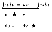 “uv minus the integral of vdu (think voodoo)”, remember LIATE for assigning u values