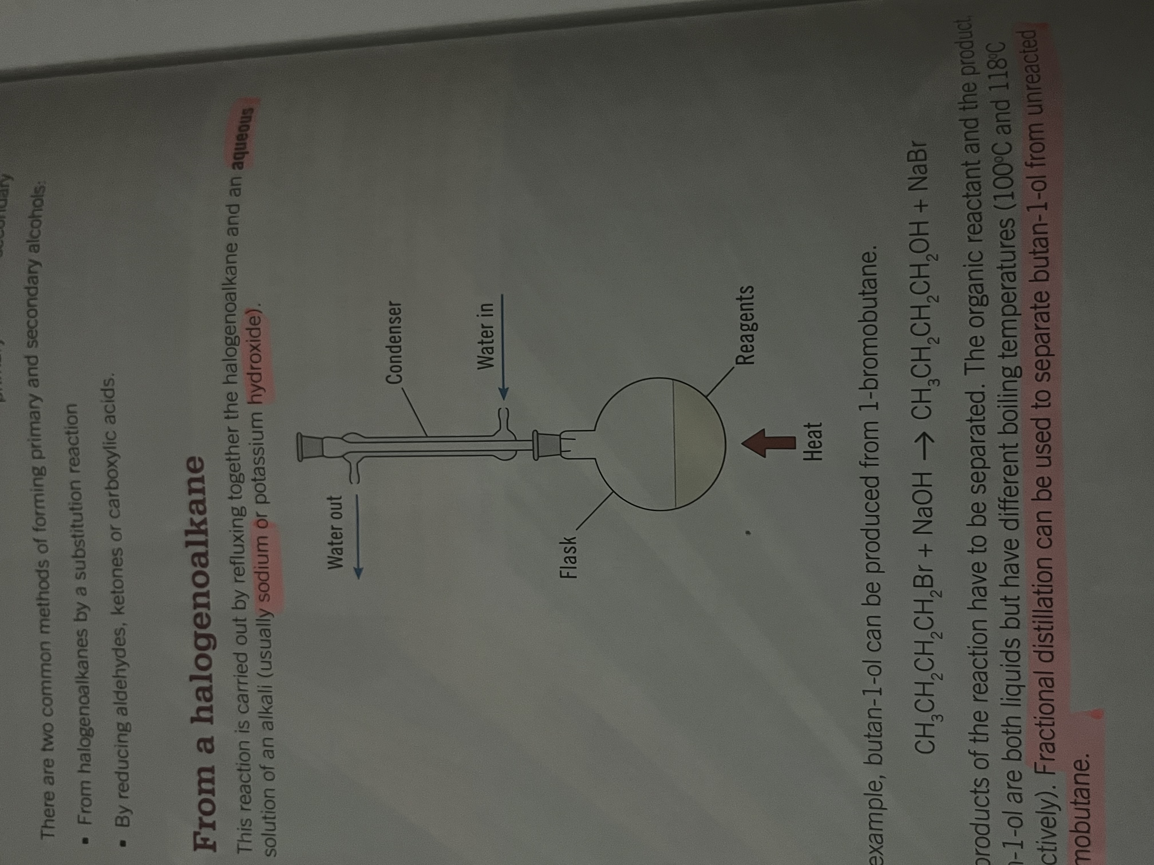 <ul><li><p>Carried out by refluxing together the halogenoalkane and an aqueous solution of an alkali (Na or KOH)</p></li><li><p>during reflux the liquid is evaporated, cooled and condensed to continue the reaction</p></li><li><p>separated at the end of the reaction by fractional distillation from diff boiling points</p></li></ul><p></p>